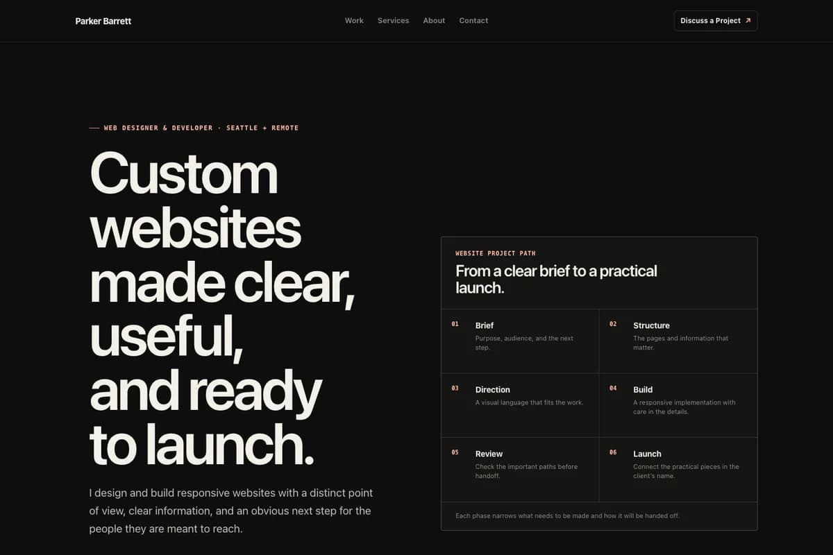Parker Barrett portfolio homepage with custom-website headline and project-path diagram.